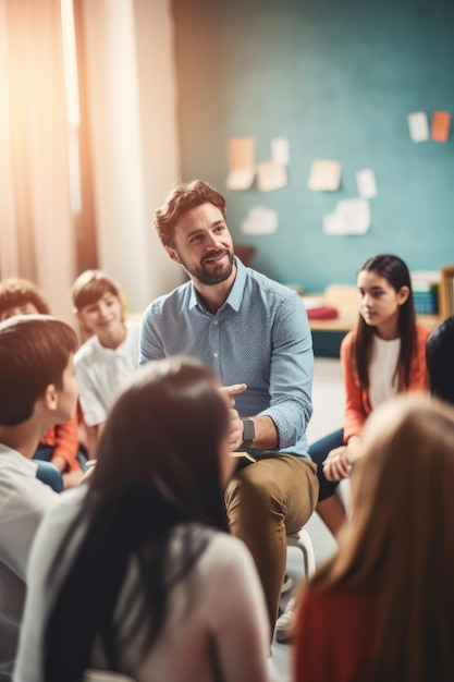 un insegnante che discute argomenti di salute mentale con gli studenti in un'aula generativa di intelligenza artificiale