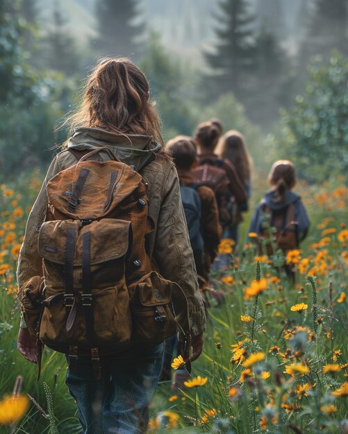 Un insegnante e gli studenti esplorano la natura