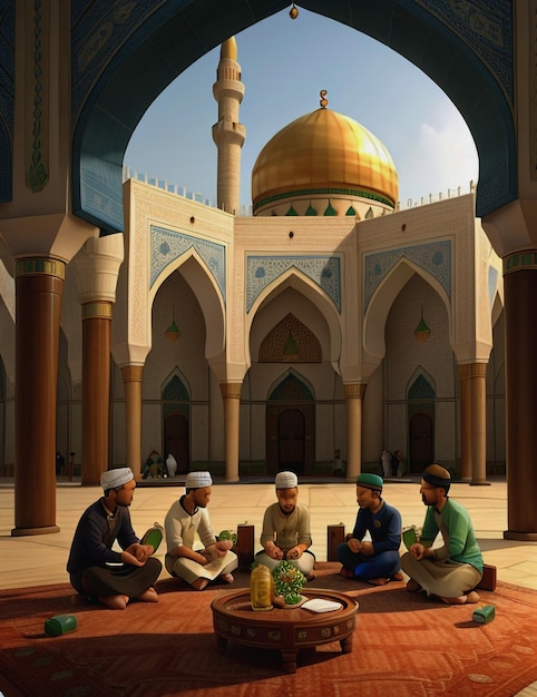 Un insegnante musulmano insegna a una bambina e a un ragazzo a leggere un libro sacro, il Corano, all'interno della moschea