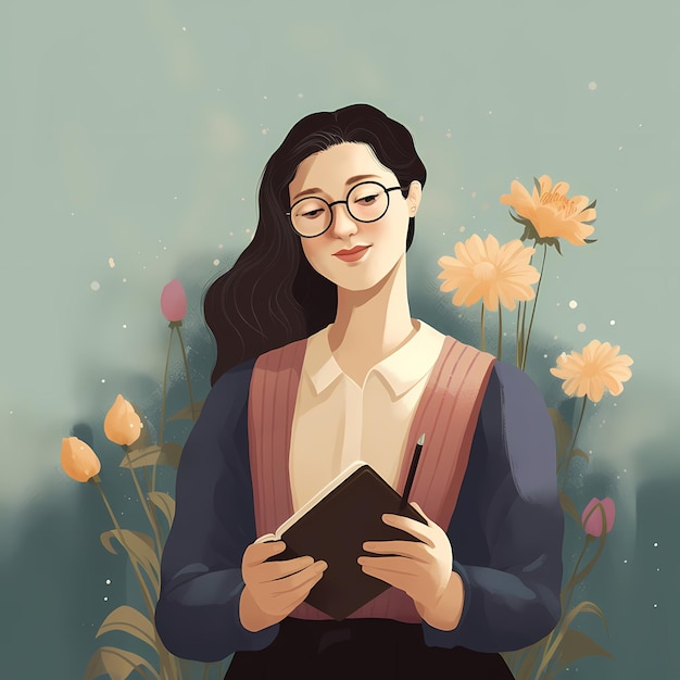 Un'insegnante occhialuta con un libro e una ragazza che legge fiori