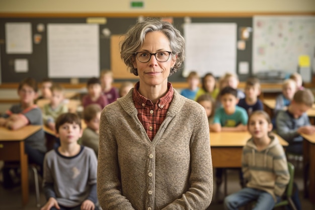 Un insegnante si trova di fronte a un'aula piena di bambini.