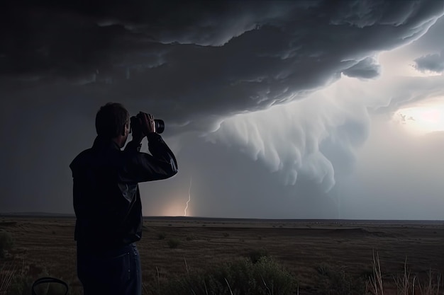 Un inseguitore di tempeste che cattura una vista in primo piano di un uragano o di un ciclone con fulmini lampeggianti e venti che ululano