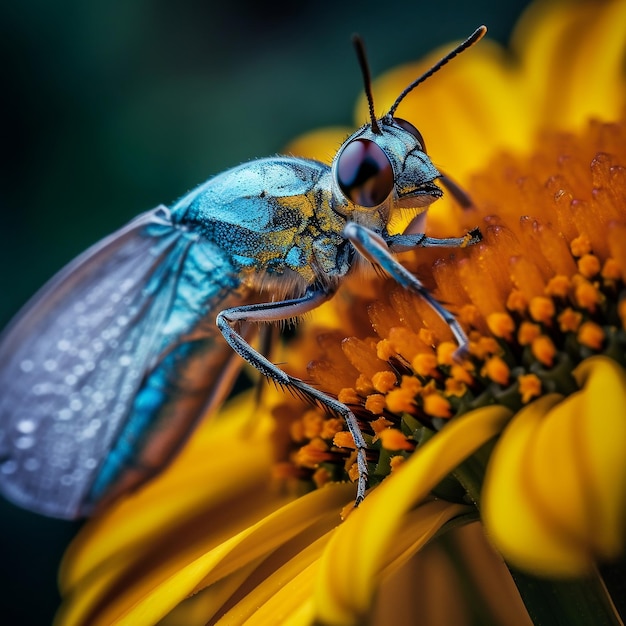 Un insetto blu è su un fiore giallo con un punto nero sulle ali.