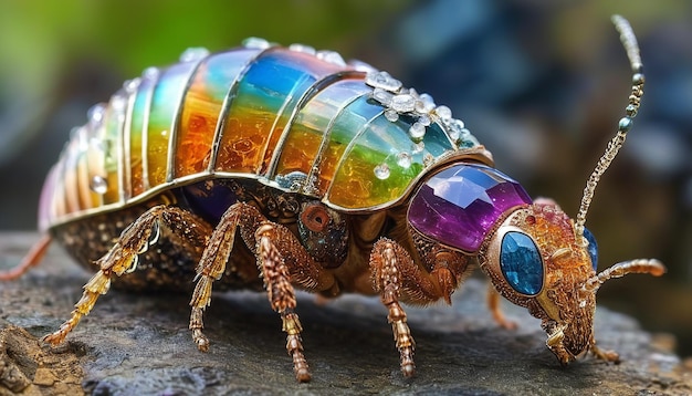 un insetto con una faccia color arcobaleno e un arcobaleno di pietre preziose sul suo corpo