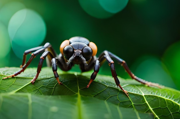 Un insetto nero e marrone con gli occhi arancioni si siede su una foglia verde.