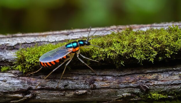 Un insetto trasparente su un tronco di muschio Un mistero della foresta