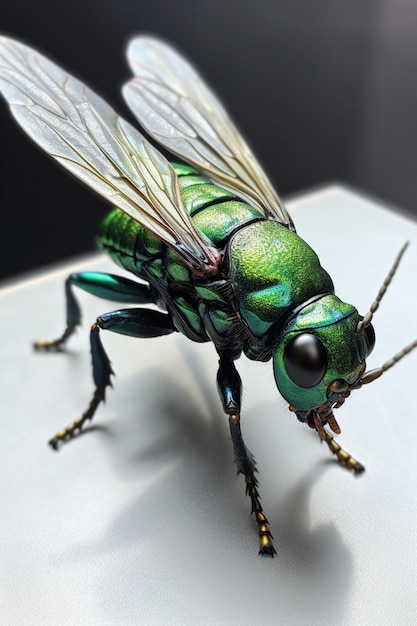 Un insetto verde con una grande ala e un grande becco.