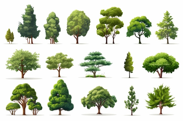 Un insieme di alberi e cespugli diversi su uno sfondo bianco generativo ai