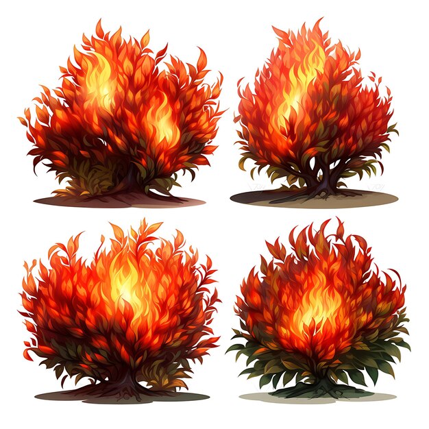 Un insieme di arbusti brucianti tagliati in fiamme come forme adornate Wi isolate su bianco BG Clipart