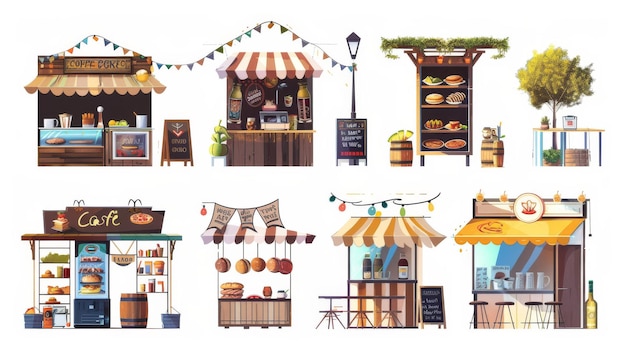 Un insieme di bancarelle di cibo di strada con illustrazioni di cartoni animati in bianco e nero Un caffè un ristorante un toldo che vende bevande un menu e una ghirlanda di luci elementi di un design di fiera commerciale della città