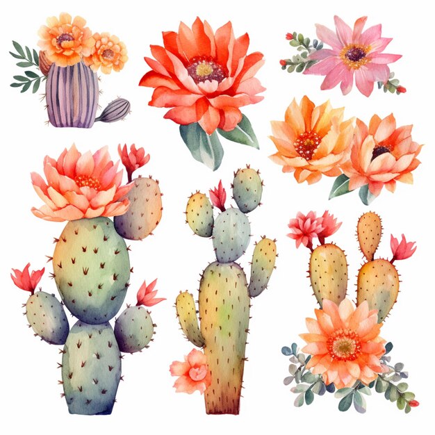 Un insieme di fiori e cactus dell'acquerello.