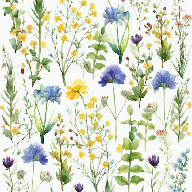 Un insieme di fiori selvatici colorati su uno sfondo bianco