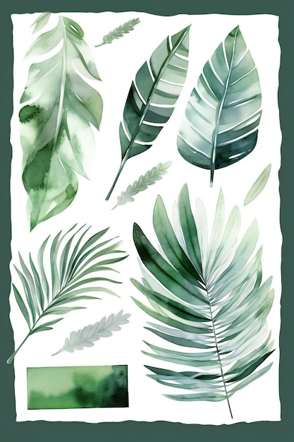 Un insieme di foglie tropicali su uno sfondo bianco