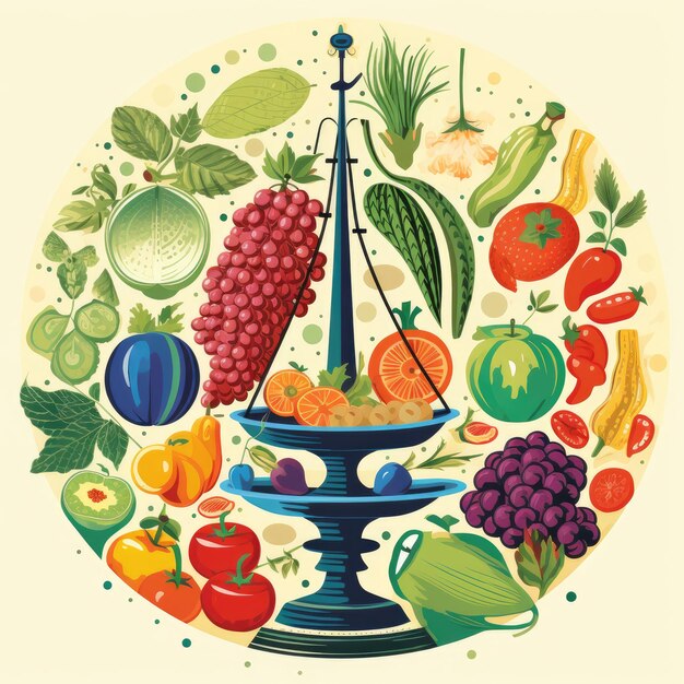 Un insieme di prodotti in un cerchio cibo sano frutta, verdura e noci illustrazione piana cartone animato AI Generative