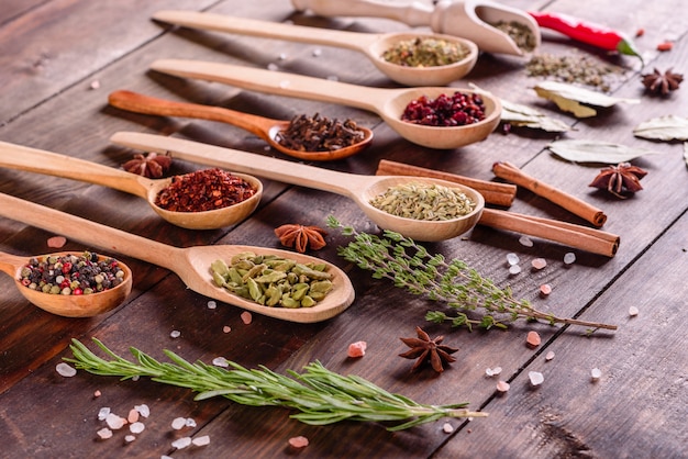 Un insieme di spezie ed erbe aromatiche. Cucina indiana. Pepe, sale, paprika, basilico e altro. Vista dall'alto.