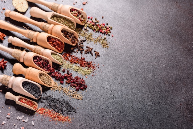 Un insieme di spezie ed erbe aromatiche. Cucina indiana. Pepe, sale, paprika, basilico. Vista dall'alto.