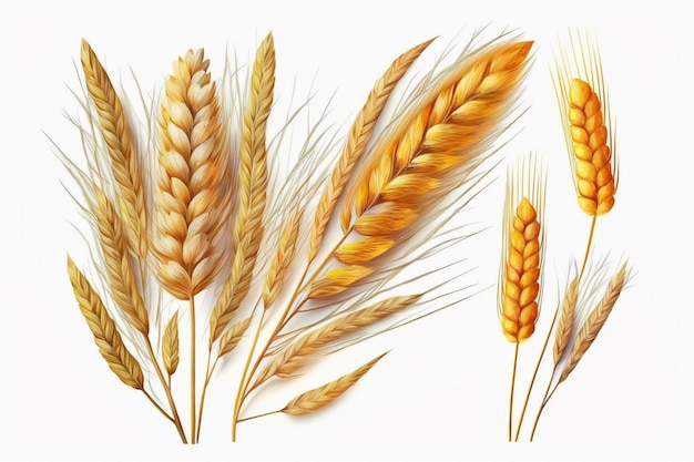Un insieme di spighe di grano su uno sfondo bianco