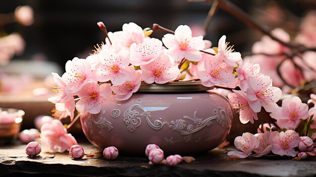 un insieme di urne con fiori rosa su di loro