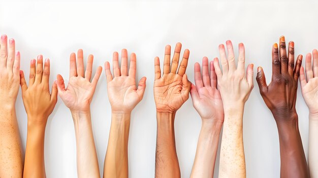 Un insieme diversificato di mani sollevate in alto su uno sfondo bianco Unità e concetto di lavoro di squadra adatto per varie campagne Fotografia di stock AI