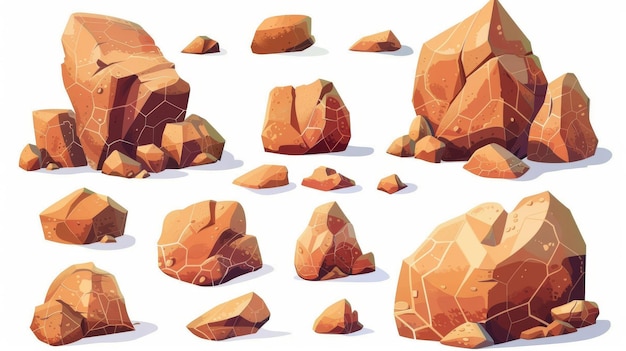 Un insieme isolato di pietre rocciose isolate su uno sfondo bianco Un'illustrazione moderna di massi di arenaria con superfici irregolari fessurate un paesaggio di canyon del wild west