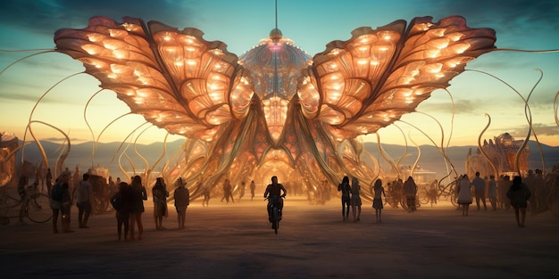 Un'installazione futuristica al festival Burning Man è una miscela di luce, colore e forma che crea un'accattivante sinfonia visiva AI Generativa AI