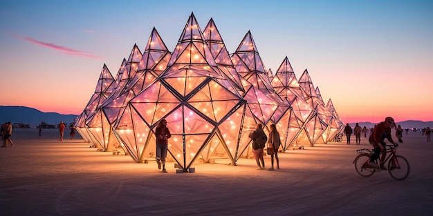 Un'installazione futuristica al festival Burning Man è una miscela di luce, colore e forma che crea un'accattivante sinfonia visiva AI Generativa AI