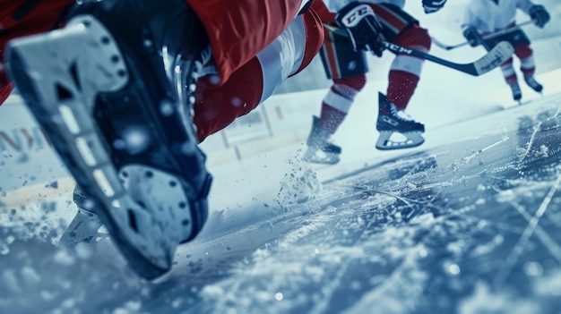 Un'intensa partita di hockey su ghiaccio catturata da un angolo di primo piano che evidenzia le lame affilate in azione