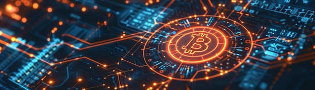 Un'interfaccia blockchain digitale futuristica con un simbolo luminoso di Bitcoin