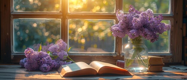 Un interno con fiori di lilac un vaso di vetro un libro aperto sul tavolo tutto disposto in uno stile shabby chic sullo sfondo di una finestra