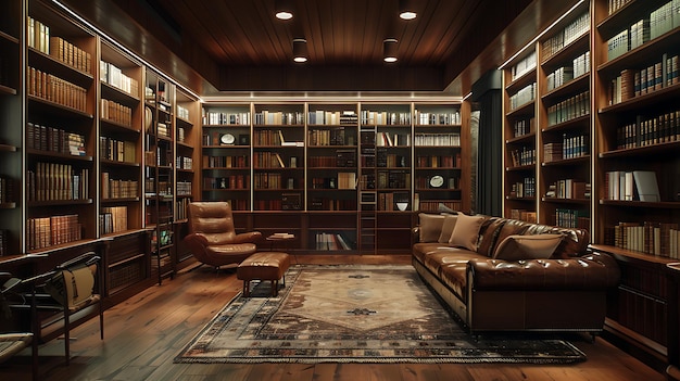 un interno della biblioteca con scaffale per libri e divano di pelle