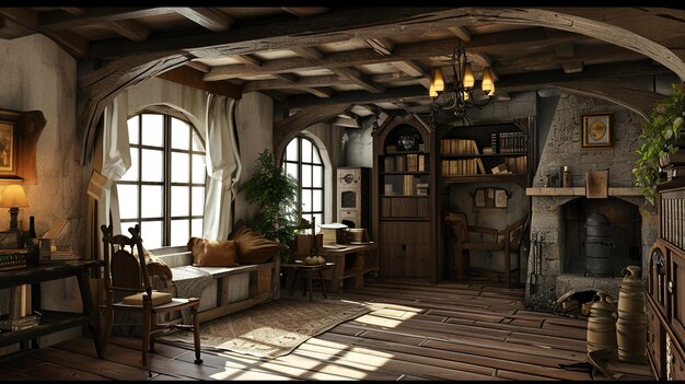 un interno di cottage medievale di favola Generative Ai