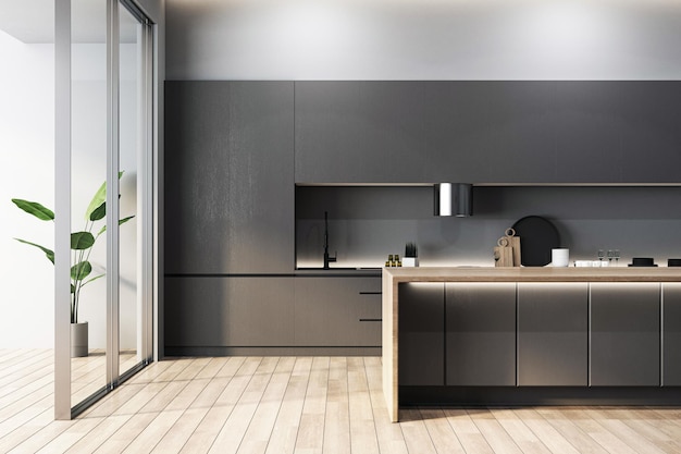 Un interno di cucina moderno con pavimento in legno scuro e design minimalista con linee pulite e uno spazio vuoto Rendering 3D