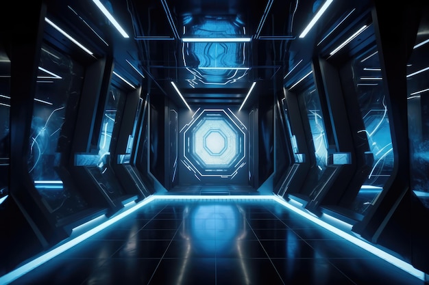 Un interno futuristico con luci blu e una luce blu.