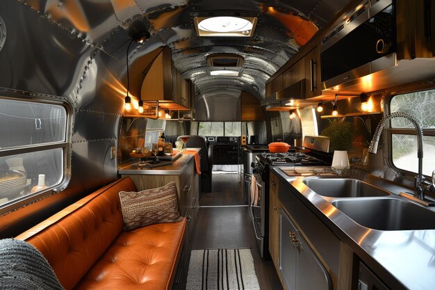 Un interno in acciaio di design all'interno di una casa mobile Il concetto di un viaggio confortevole
