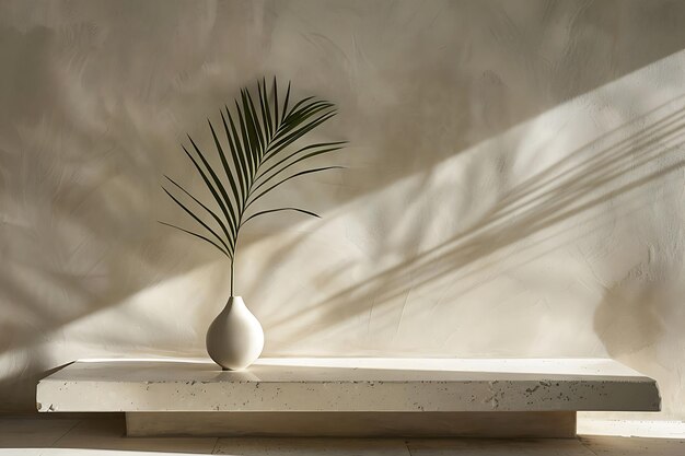 un interno moderno minimalista con un elegante vaso bianco solitario e un'elegante foglia di palma