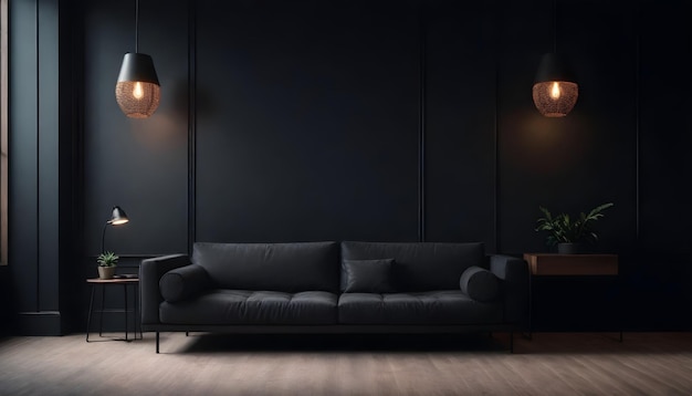 Un interno nero minimalista con un divano nero
