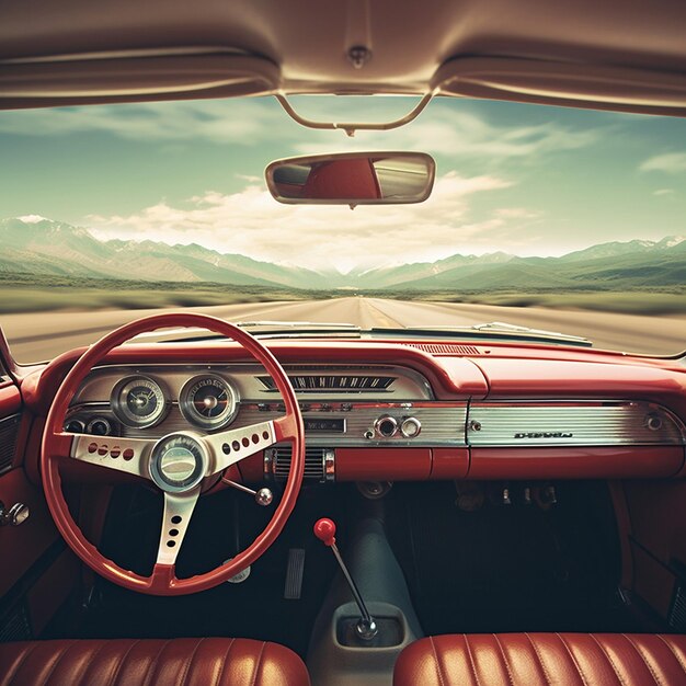 un interno rosso e nero di un'auto d'epoca con la scritta "la parola" sul cruscotto.