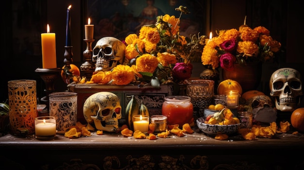 un'interpretazione artistica di un tradizionale altare del Giorno dei Morti adornato con calendule di candele