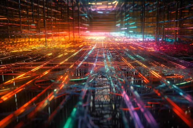 Un'intricata rappresentazione visivamente accattivante di reti digitali interconnesse che riflettono le infinite possibilità dei progressi tecnologici