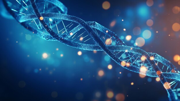 Un intricato modello di DNA blu con nodi luminosi sullo sfondo di una matrice digitale sfocata