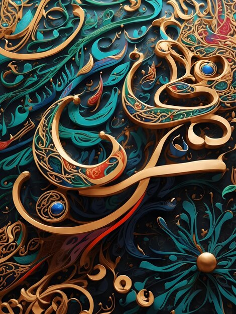 Un intricato motivo vorticoso della tradizionale calligrafia araba resa in colori vivaci celebr
