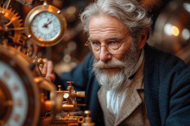 Un inventore ispirato allo steampunk in un laboratorio pieno di gadget di ottone e ingranaggi in funzione