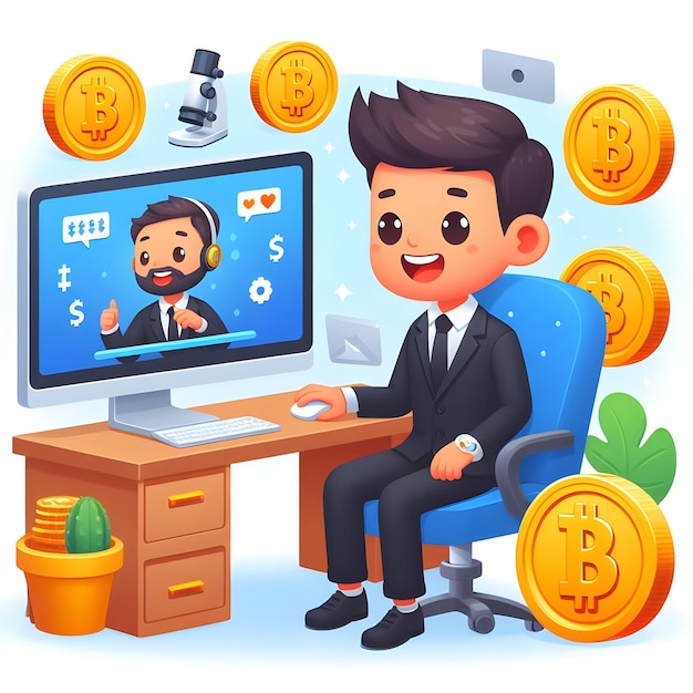 Un investitore di icone piatte 3D felice del concetto di criptovaluta Un uomo d'affari che diversifica il suo portafoglio di investimenti