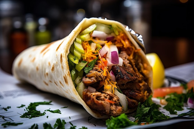 Un invitando involucro di shawarma che mostra ripieni allettanti che dimostrano colori e texture ricchi