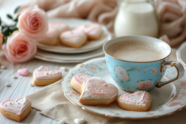 Un invitante tavolo da caffè con biscotti ghiacciati a forma di cuore una tazza di caffè e un piatto bianco su un tovagliolo beige circondato da rose