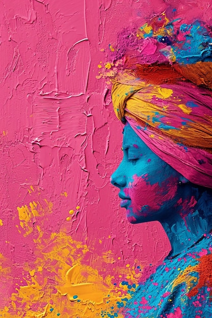 un invito 3D con un turbante Holi stilizzato a colori vivaci in un angolo