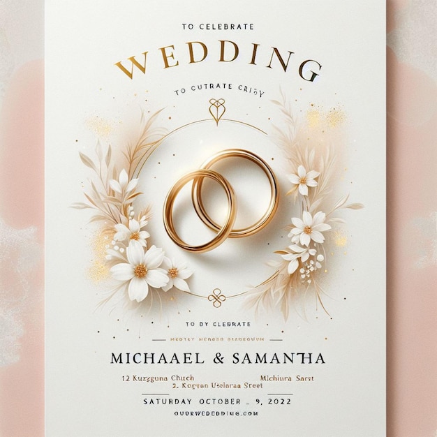 un invito a nozze per una cerimonia nuziale con fiori e un anello d'oro in cima
