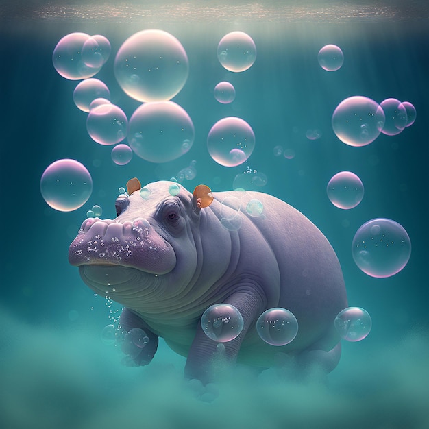 Un ippopotamo che nuota nell'acqua con bolle sullo sfondo.