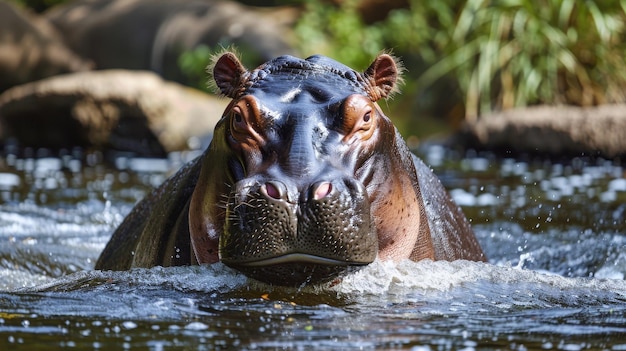 Un ippopotamo grassone che si diverte a nuotare in un fiume fresco la sua forma massiccia si muove graziosamente attraverso l'acqua illustrazione generata dall'AI