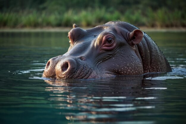 Un ippopotamo immerso nell'acqua con gli occhi che sbirciano